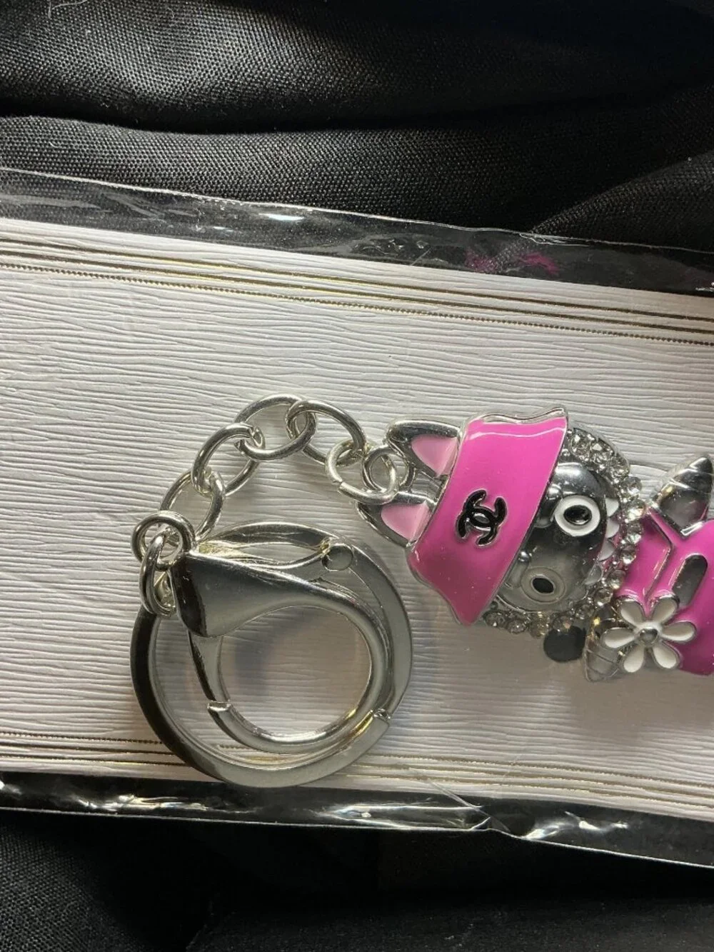 Pink Silver-Tone Rhinestone Keychain with Logo Hat and Bow Charm